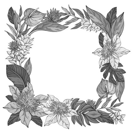monochrome square frame adorned with lush Clematis flowers, ginger flowering and palm leavesのイラスト素材