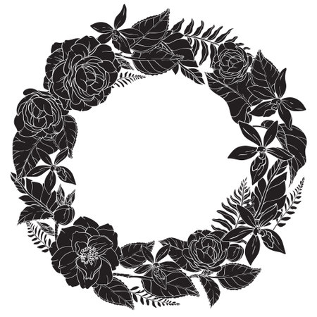 floral silhouette of a circular wreath made of delicate camellia orchids flowersのイラスト素材