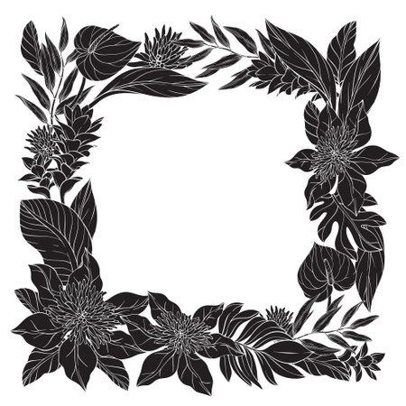 silhouette square frame adorned with lush Clematis flowers, ginger flowering and palm leavesのイラスト素材