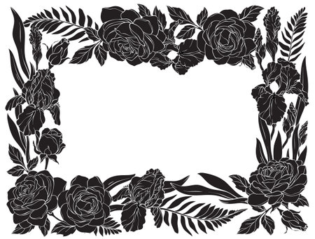 Black silhouette floral frame made of roses, irises, and leavesのイラスト素材