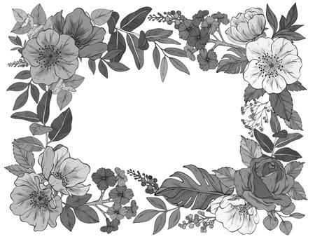 monochrome grey floral frame featuring roses, poppies, peonies, geraniumsのイラスト素材