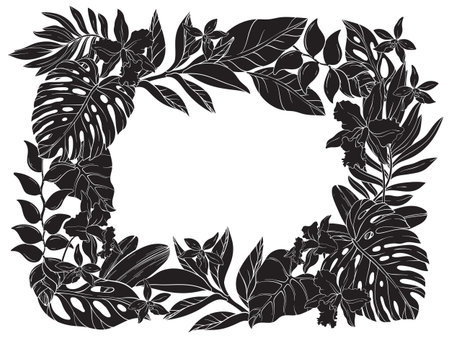 silhouettes black tropical frame featuring orchids, hibiscus, passion flowers, and ginger flowersのイラスト素材