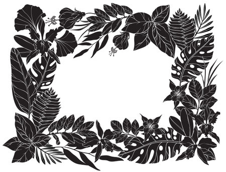 silhouettes black tropical frame featuring orchids, hibiscus, passion flowers, and ginger flowersのイラスト素材