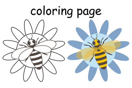 Vector Cute Bee on a blue flower Cartoon style illustration for coloring bookのイラスト素材