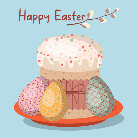 Vector Easter illustration with cupcake and painted eggs on red plate Happy Easter