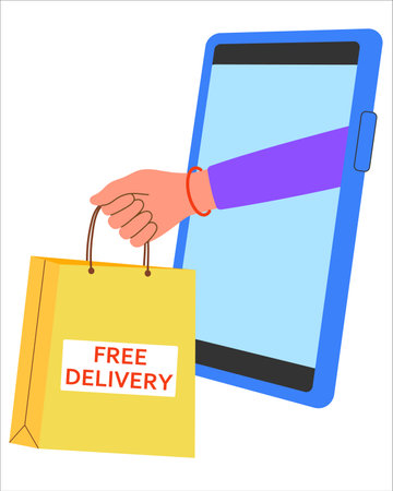 Vector Free Delivery Hand out phone holding out purchase package Flat styleのイラスト素材
