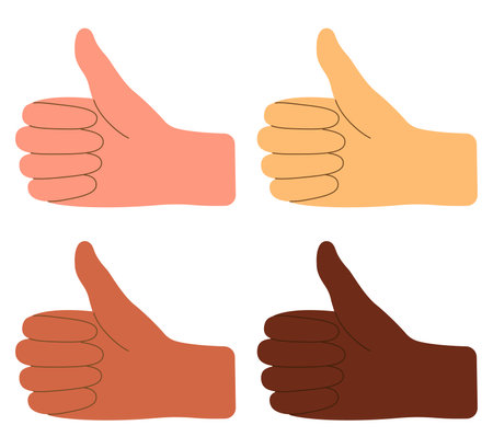 Vector Thumbs up Hands of different skin colors LIKE Approval Concept Flat Styleのイラスト素材
