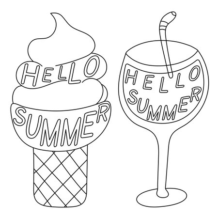 Style black outline Ice cream cone and cocktail with the words Hello Summerのイラスト素材