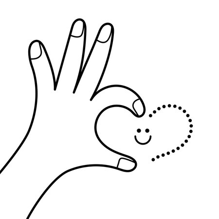 Outline illustration Hand shows OK gesture and Smiley face inside heart Compliment to a personのイラスト素材