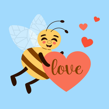 Cute happy bee with heart Cartoon style Emotion Kids Illustration Flat styleのイラスト素材