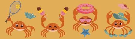 Crab set on the beach. Cute crab playing tennis, swimming, eating ice cream. Summer, beach, sand....