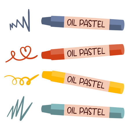 Oil pastel, set of pastel crayons. Back to School. Coloured pencils isolated on white. Children. design element for poster, background, web, sale, print.のイラスト素材