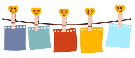 Cute clothes pegs with smiley hearts and a set of colourful paper leaves for notes. Colourful paper hanging on a stringのイラスト素材