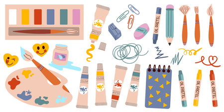 Cute set of drawing tools, hand drawn. Art supplies tubes of paint, brushes, pencil, watercolour, palette, isolated on white. Back to schoolのイラスト素材