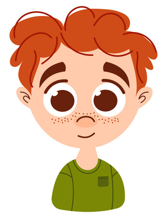 Red-haired boy with cute freckles on isolated background. Cool avatar in anime style. T-shirt print for kidsのイラスト素材