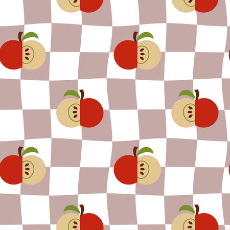 Retro Groovy Background. Seamless pattern with checkers and apples. 60s style. Design for packaging, background, wallpaper, t-shirtのイラスト素材