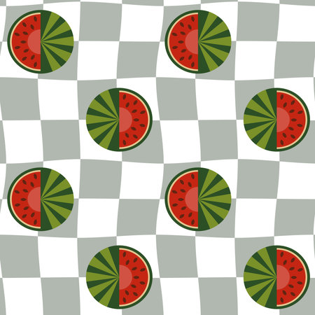 Seamless pattern with checkers and watermelons. Retro Groovy Background.60's style. Design for packaging, background, wallpaper, t-shirtのイラスト素材