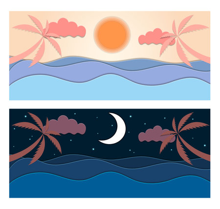Day and night, sun and moon. Illustration of seascape in paper cut out style. Weather app, user interface design.のイラスト素材