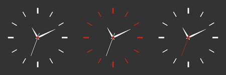 Minimalistic clock template set on dark background. Realistic office wall clock. Clock face and hands display the time. Home and office decor.のイラスト素材