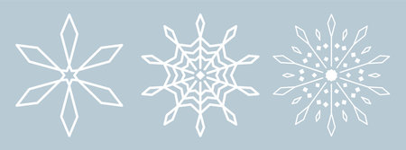 Simple white ice snowflake on blue background. Snowflake icons set. Crystals, Christmas, new year....