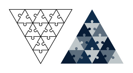 Triangle puzzle piece. Editable Stroke. Pyramid made of blue triangular puzzle pieces. Creativity, inspiration, logical thinking.のイラスト素材