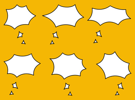 Comic Speech Bubbles Set. Blank White Chat Balloons with Black Outline on Yellow Background for Pop Art Style, Cartoon Dialog, Communication, Message, and Text Box Designのイラスト素材