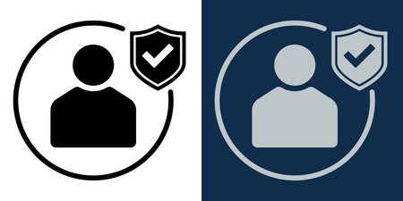 User profile verification icon with shield and check mark in black and blue. Identity authentication symbol for privacy, security access, or account protection UI,UX design concept.のイラスト素材