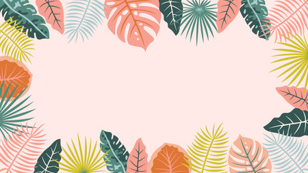 Tropical Leaves Frame on Light Pink Background. Botanical Design for Invitations, Posters, Summer Decor, Nature Themed Art with Exotic Jungle Plants and Bright Greeneryのイラスト素材