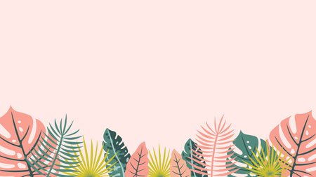Tropical Leaf Border on Pastel Background. Decorative Frame with Exotic Plants, Botanical Pattern, and Empty Space. Perfect for banners, invitations, posters, and summer designs.のイラスト素材