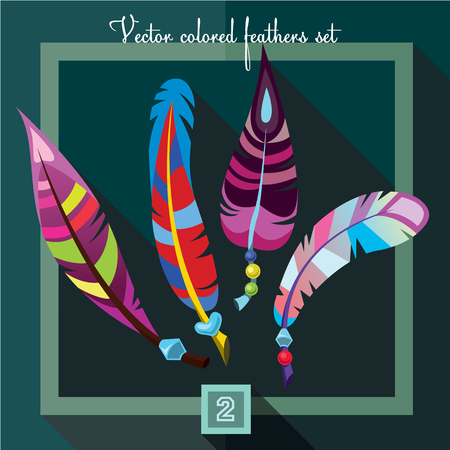 Bright colored feathers with beads on a emerald green background. Vector setのイラスト素材