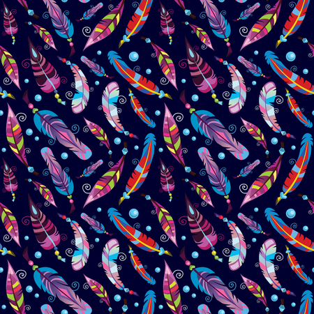 Seamless vector pattern. Bright colored feathers and beads and jewels.のイラスト素材