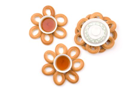 Abstract flowers made of bread-rings and chinese service