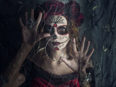 Studio portrait of Santa Muerte makeup woman in pink dress wearing wreath standing behind the black...