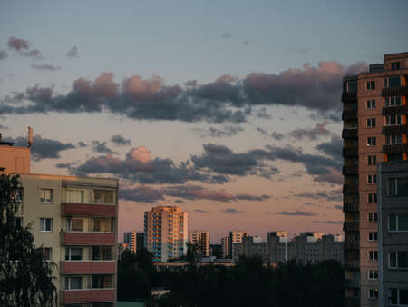 Typical socialist block of flats in Estonia, East Europe at sunset.