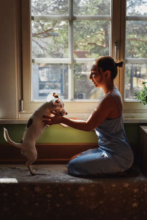 Beautiful brunette woman caress her dog jack russell terrier sitting near the window. Morning happinessの写真素材