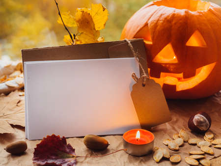 Happy Halloween day background with jack o lantern pumpkin, autumn leaves and greeting envelope. Empty space for textの写真素材