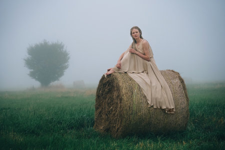 Young woman in beige dress sitting on haystacks in mist field at twilight timeの写真素材
