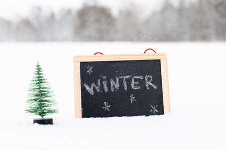 Board with winter text and small decorative fir tree outdoors on snowy backgroundの写真素材