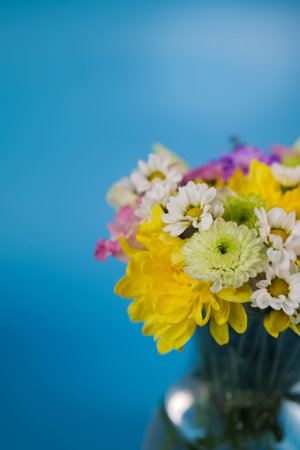 Colourful summer flowers bouquet on blue background. Fresh summer flowers at home.の写真素材