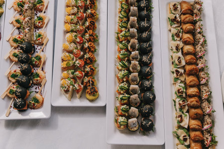 Beautifully served banquet table with different food snacks and appetizers. Corporate or wedding party.の写真素材