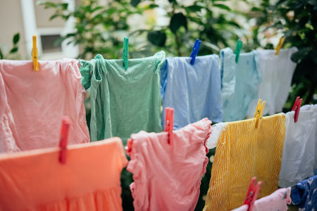 Close up view of children colourful clothes drying on the clothesline outdoors on the balcony.の写真素材