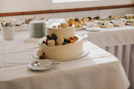 Wedding cake with macarons and fruits on the buffet table. Wedding banquet day time.