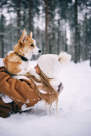 Happy attractive young woman with white scarf, hat and mittens playing with her welsh corgi pembroke puppy, snowy winter forest.の写真素材