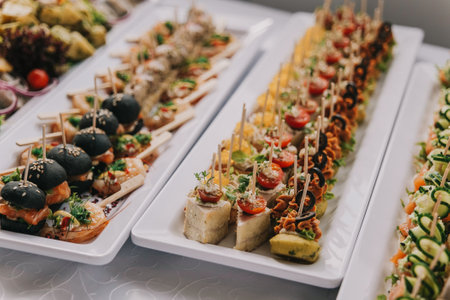 Beautifully served banquet table with different food snacks and appetizers. Corporate or wedding party.の写真素材