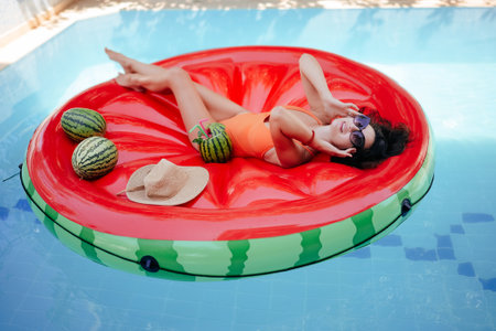 Pretty woman in orange swimsuit and sunglasses lying on inflatable watermelon island with small ripe watermelon fruits on it in swimming poolの写真素材