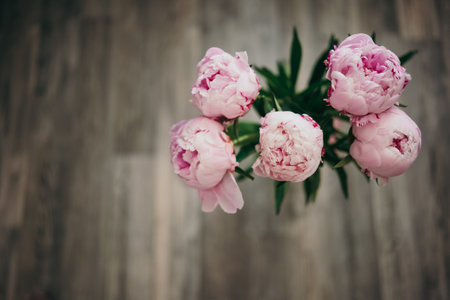 Closeup of beautiful pink peonies bouquet on gray floor backgroundの写真素材