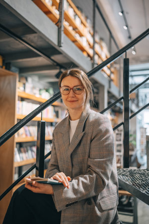 A woman sits on a staircase in a bookstore, holding a book and looking thoughtfully into the camera.の写真素材