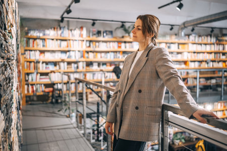 Young woman in a blazer gazes thoughtfully over a library of books, lost in quiet contemplation...