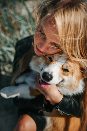 A woman embraces her corgi with joy on a sunny day, surrounded by tall grass.の写真素材