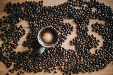 Cup of freshly brewed on the center of dark roasted coffee beans with 2025 numbersの写真素材